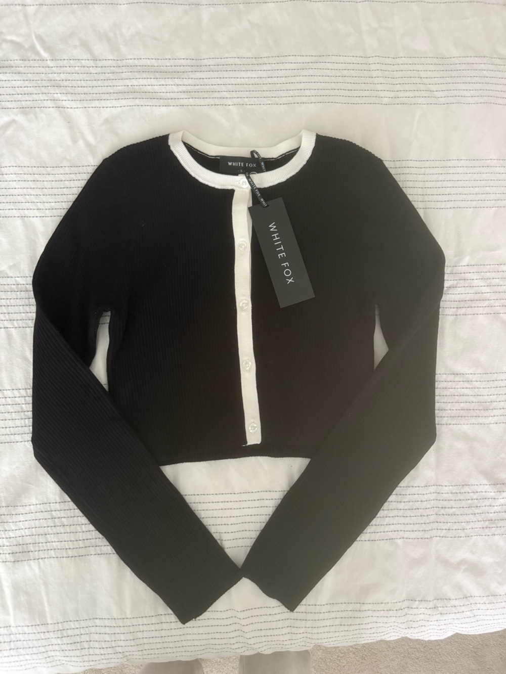 White Fox Boutique Black Ribbed Button Cardigan with White Trim
